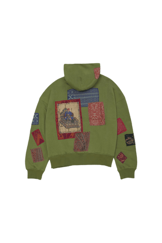 Olive green jamawar patchwork hoodie