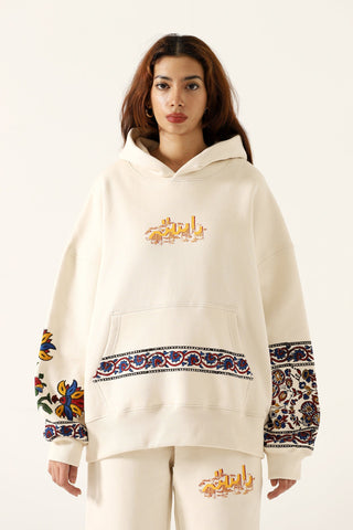 "1975" block print beige hoodie