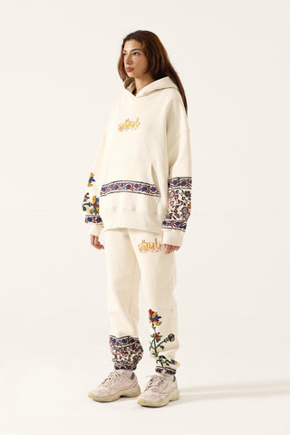 "1975" block print beige hoodie