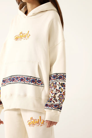 "1975" block print beige hoodie