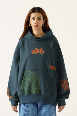 "Voyage" ash green block print hoodie