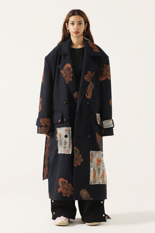 Hand block print patchwork long coat