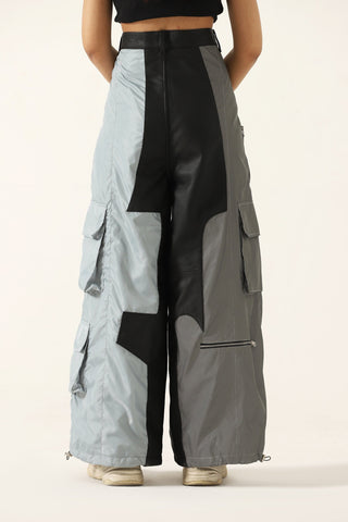 "2001" paneled leather/nylon pants