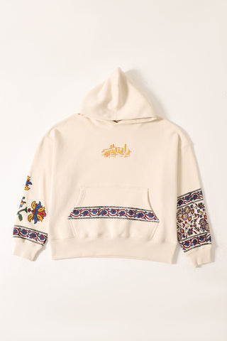 "1975" block print beige hoodie