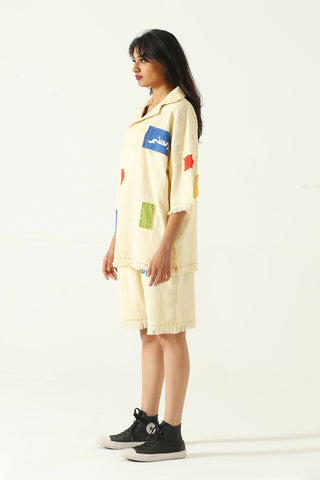 Patchwork handwoven beige polo
