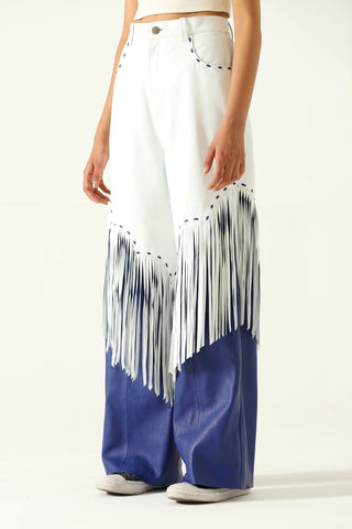White blue leather pants