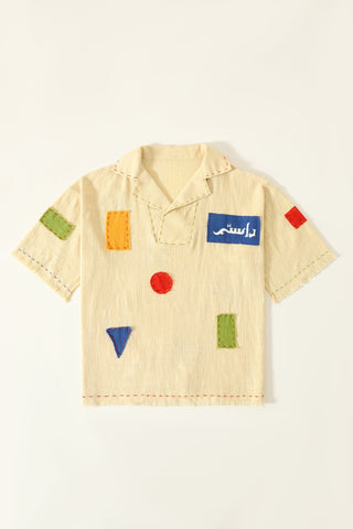 Patchwork handwoven beige polo
