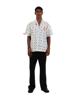 "Azure echo" handwoven and handblockprinted polo