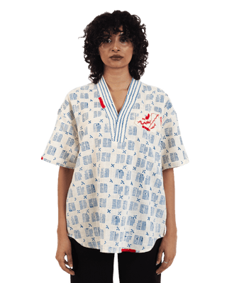 "Azure echo" handwoven and handblockprinted polo