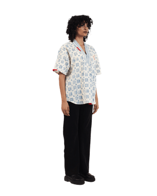 "Azure echo" handwoven and handblockprinted polo