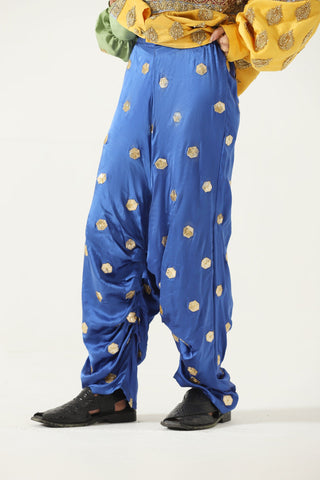 Embroidered royal blue silk trousers