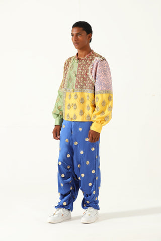 Embroidered royal blue silk trousers