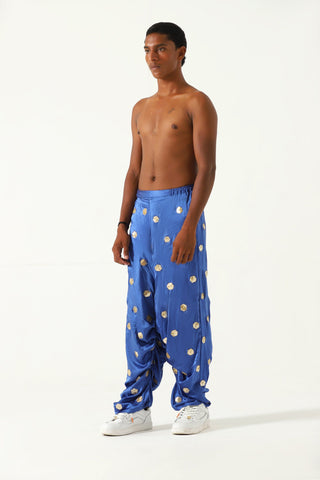 Embroidered royal blue silk trousers
