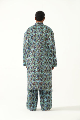 Quilted silk block print trousers