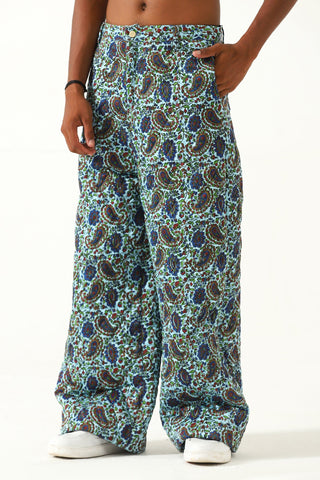 Quilted silk block print trousers