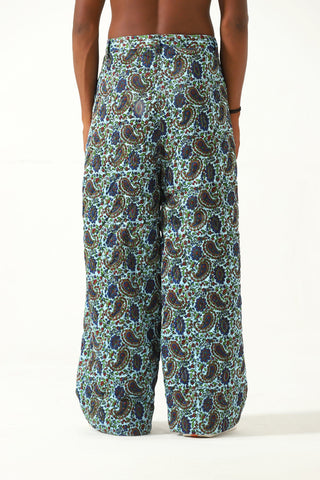 Quilted silk block print trousers