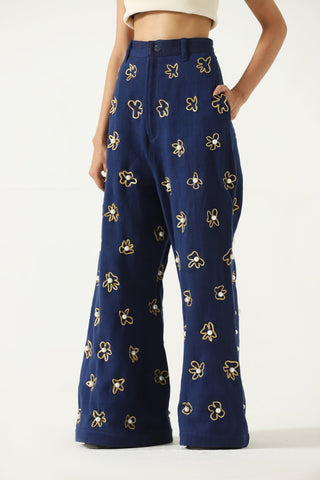 Hand embelished denim trousers