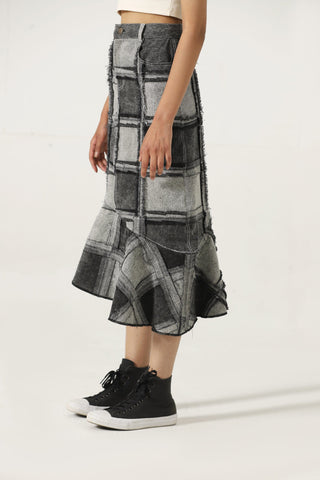 Upcycled panel denim skirt