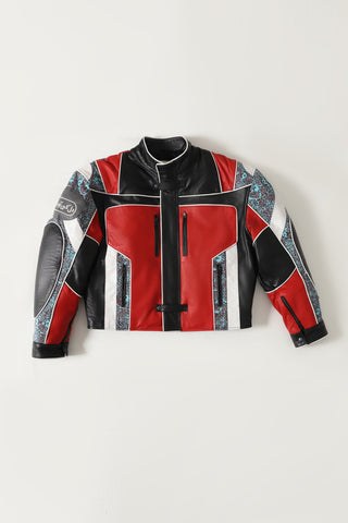 "After hours" block print biker jacket