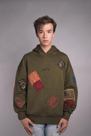 Olive Green Jamawar Patchwork Hoodie - Rastah