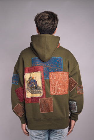Olive Green Jamawar Patchwork Hoodie - Rastah