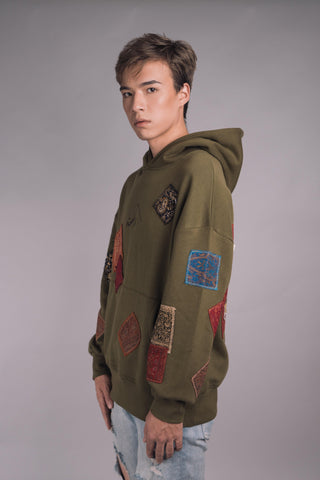 Olive Green Jamawar Patchwork Hoodie - Rastah