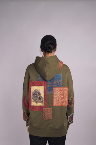 Olive Green Jamawar Patchwork Hoodie - Rastah