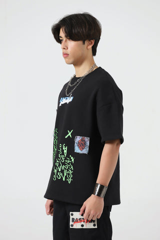 "Paray hutt" patchwork black T-shirt