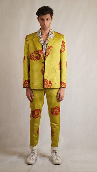 Lime Green Printed Oversized Silk Blazer - Rastah