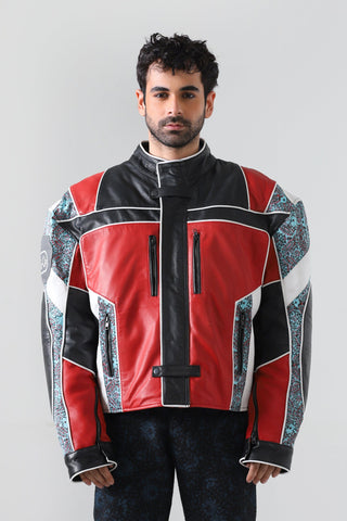 "After hours" block print biker jacket