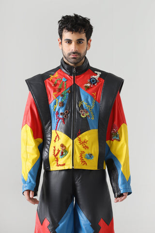 Hand-Embroidered leather racer jacket