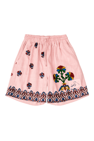 Pink block print khaddar shorts