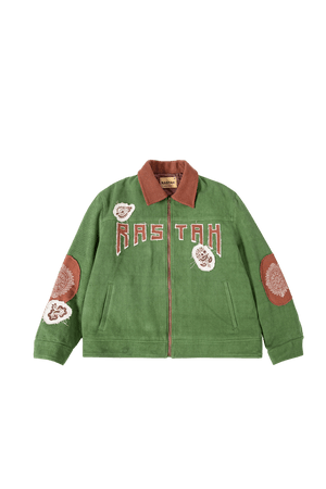 Green block print denim jacket