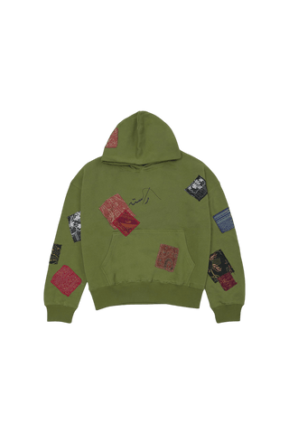 Olive Green Jamawar Patchwork Hoodie