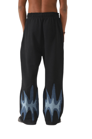 PANELED FLEECE AND DENIM SWEATPANTS