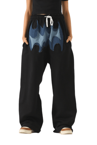 PANELED FLEECE AND DENIM SWEATPANTS