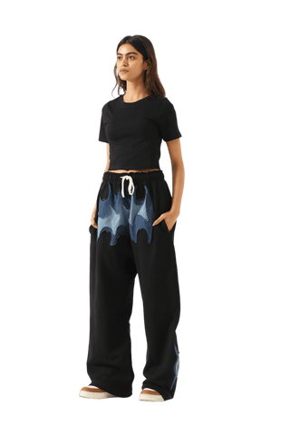 PANELED FLEECE AND DENIM SWEATPANTS