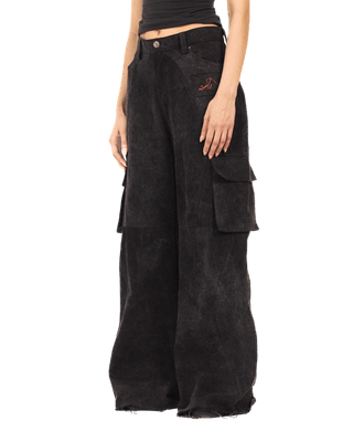 BLACK ACID WASH DENIM CARGO PANTS