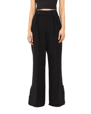 BLACK FRAYED KHADDAR DOUBLE-PLEATED PANTS