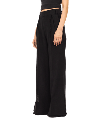 BLACK FRAYED KHADDAR DOUBLE-PLEATED PANTS