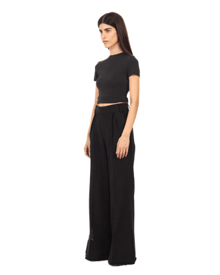 BLACK FRAYED KHADDAR DOUBLE-PLEATED PANTS