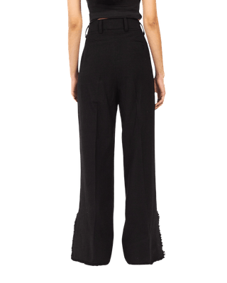 BLACK FRAYED KHADDAR DOUBLE-PLEATED PANTS