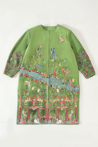 HAND EMBROIDERED EMERALD SILK LONG COAT