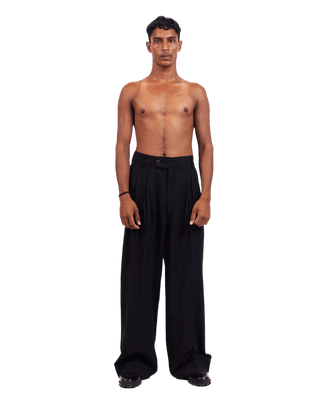 BLACK KHADDAR DOUBLE-PLEATED TROUSERS