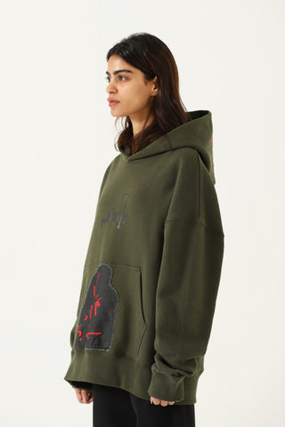 "waqt" patchwork olive green hoodie