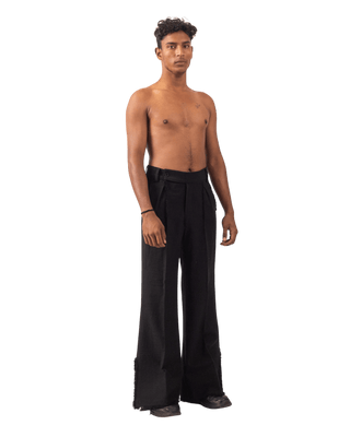 BLACK FRAYED KHADDAR DOUBLE-PLEATED PANTS