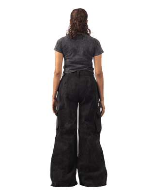 BLACK ACID WASH DENIM CARGO PANTS