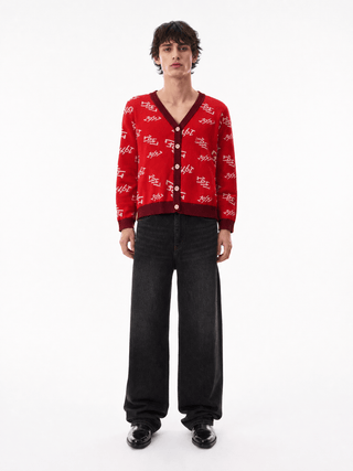 Create a clean e-commerce webshoot on a professional male model, front full view, white studio background, accurate product fit, original color, fabric texture, logo, stitching, zipper/buttons, pockets, print and all garment details preserved exactly. Do not change or redesign the product. @"1947" knit cardigan