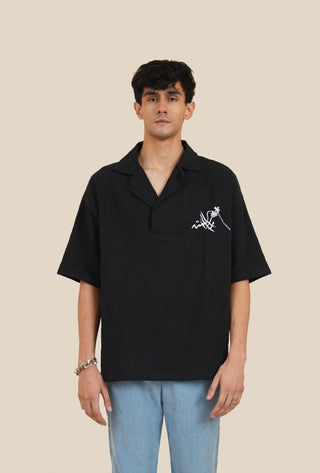 Black Hand Woven Logo Print Khaddar Shirt - Rastah