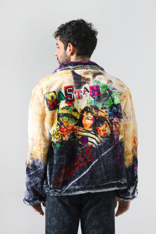 "FAMILY FIRST" PRINTED FAUX FUR JACKET